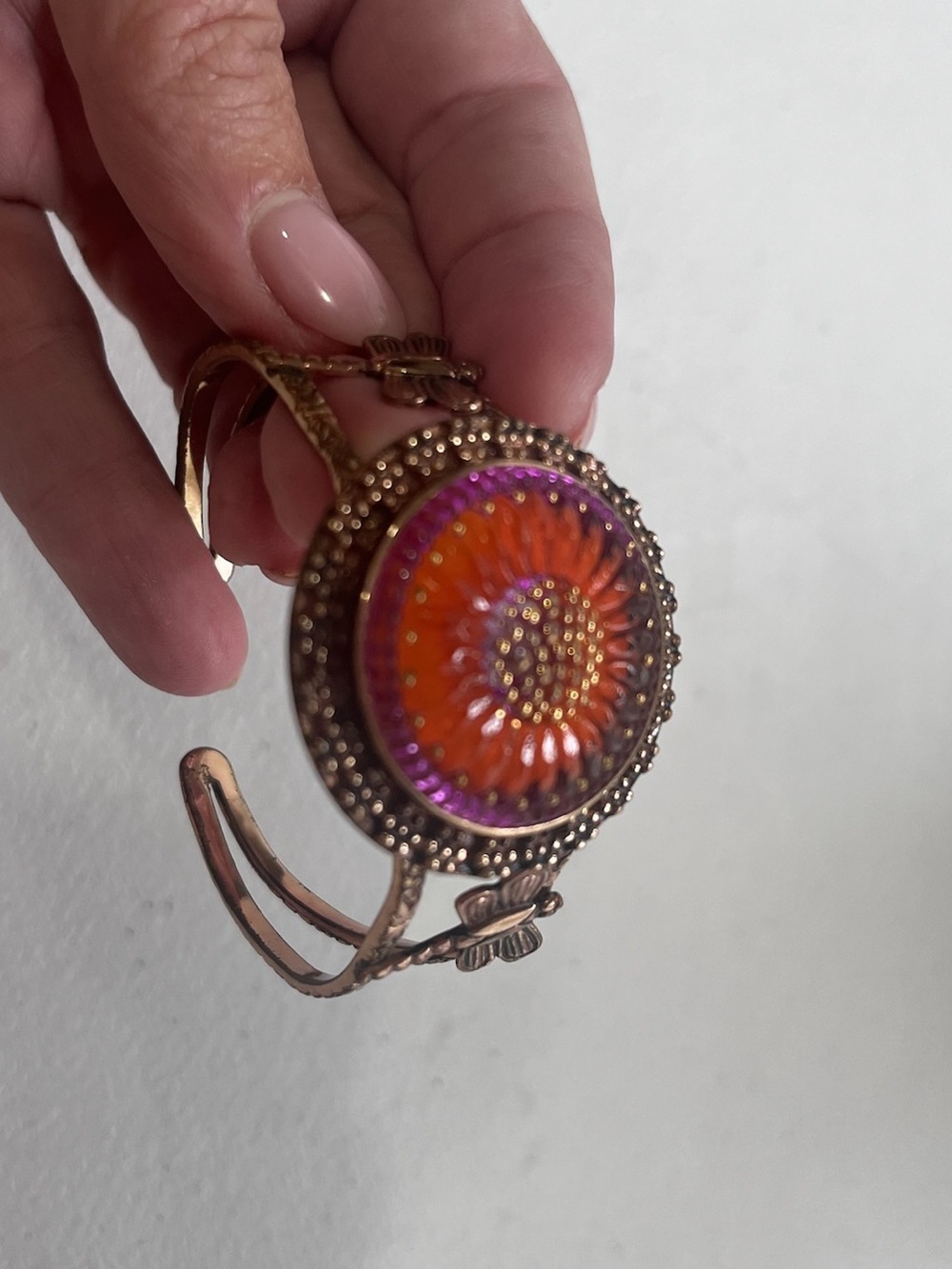 Boho Floral Enamel Copper Tone Orange Cuff Statement Bracelet - Picture 3 of 5